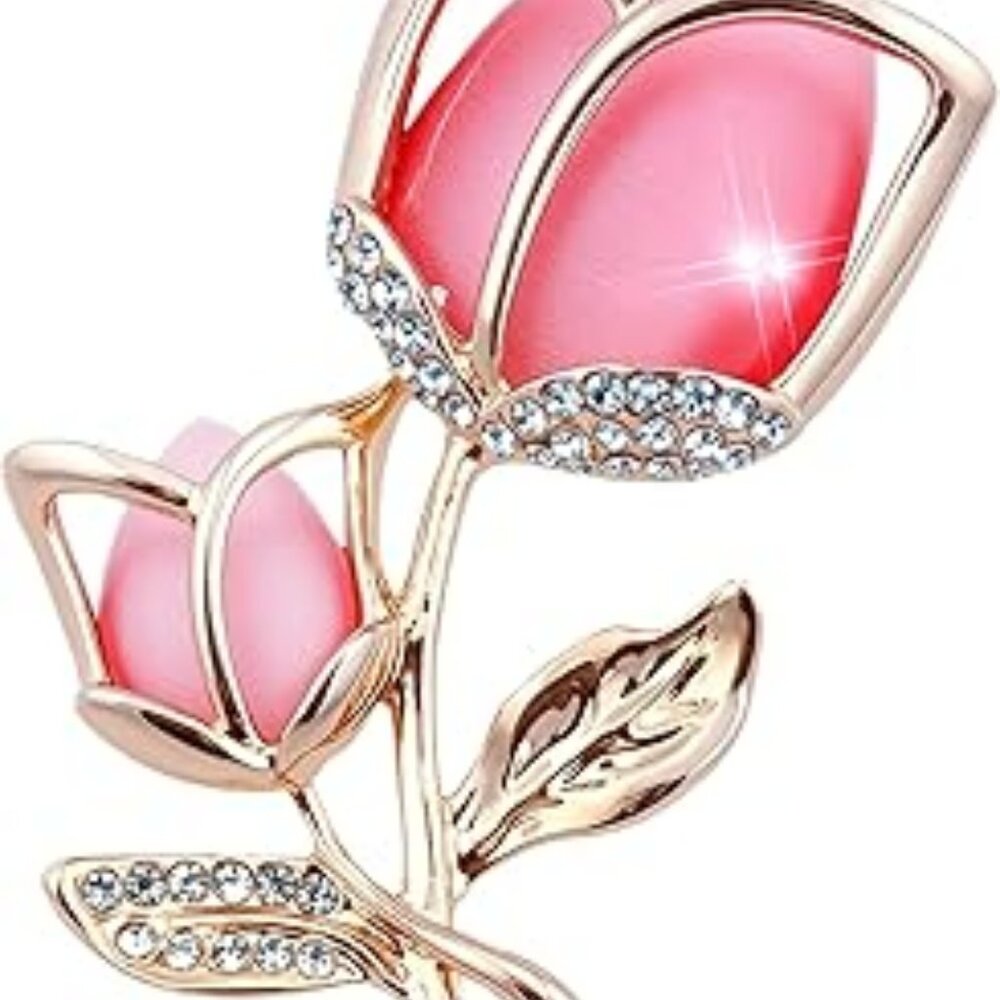 Rose Brooch Rhinestones Crystal Pink Roses Floral Lapel Pin Fashion Mother Day